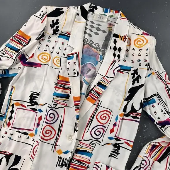 VTG Tofy Blazer Women 14 White Abstract 80's Basquait Miami Vice Retro Funky NWT - Picture 3 of 8